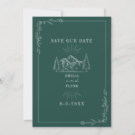 Line Art Mountains Emerald Wedding Save The Date