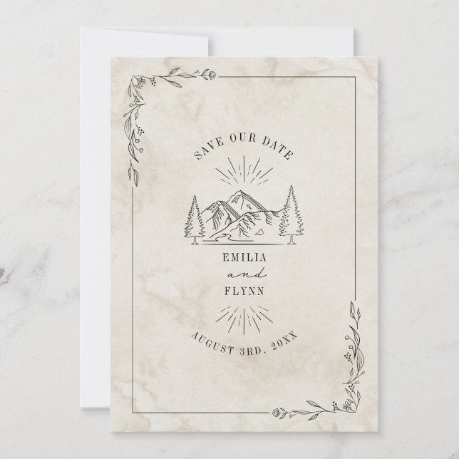 Line Art Mountains Wasserfarbenhochzeit Save The Date (Vorderseite)
