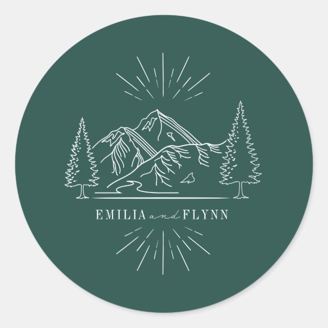 Line Art Mountains Wedding Emerald Wedding Runder Aufkleber (Vorderseite)