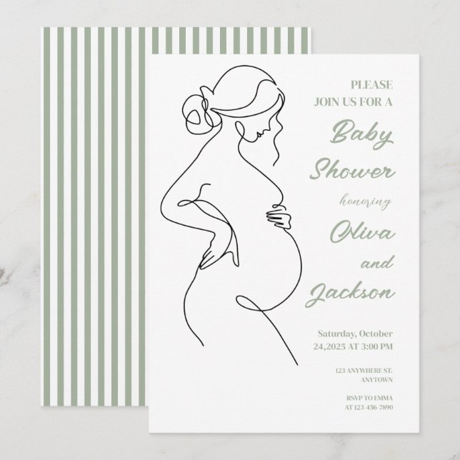 Line Art Pregnancy Minimalistisch Baby Dusche Einladung (Vorne/Hinten)