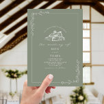 Line Art Rustic Barn Sage Green Wedding Einladung<br><div class="desc">Illustration der Scheune oben mit der Linie Kunst botanische Grenze. Hintergrund ist eine schlanke grüne Farbe.</div>