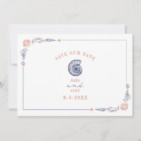 Line Art Seashell Red & Blue Rustic Beach Wedding