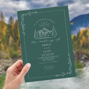 Line Art Woodland Mountain Dark Aquamarin Wedding Einladung