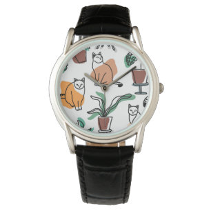 Line Art zeichnend Katzen und Blume Armbanduhr