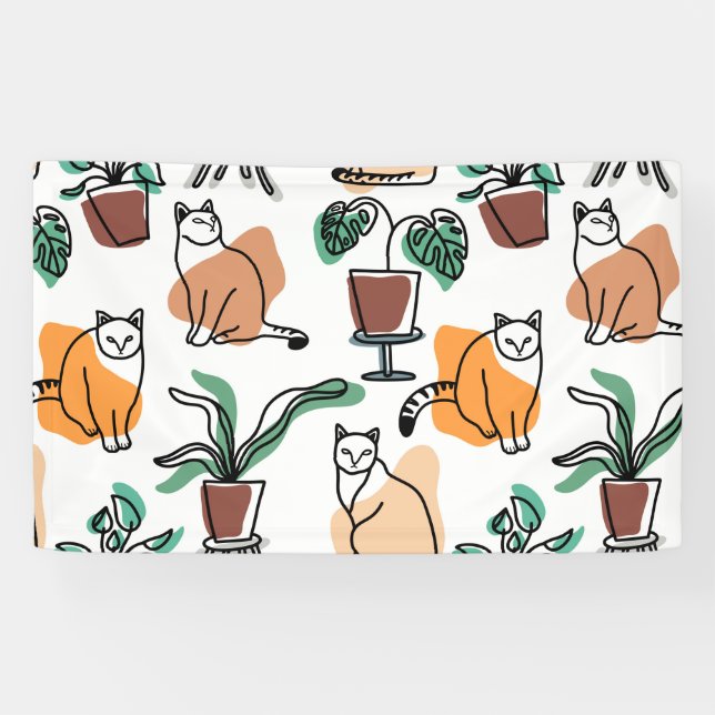 Line Art zeichnend Katzen und Blume Banner (Horizontal)