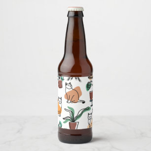 Line Art zeichnend Katzen und Blume Bierflaschenetikett