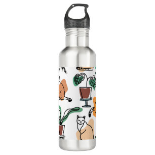 Line Art zeichnend Katzen und Blume Edelstahlflasche