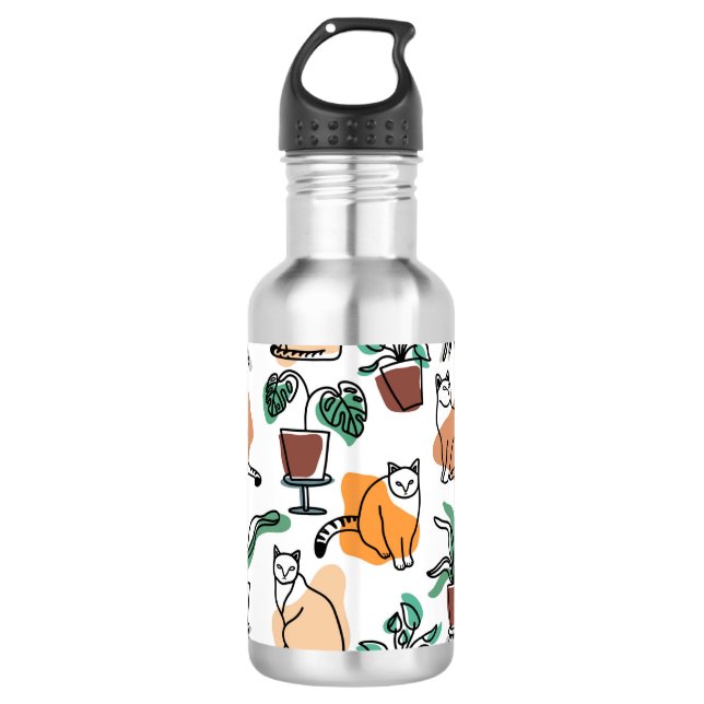 Line Art zeichnend Katzen und Blume Edelstahlflasche (Vorderseite)