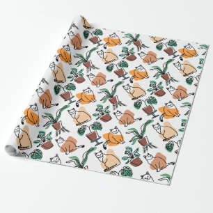 Line Art zeichnend Katzen und Blume Geschenkpapier