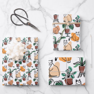 Line Art zeichnend Katzen und Blume Geschenkpapier Set