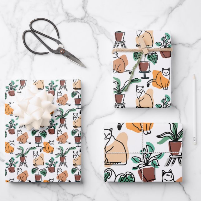 Line Art zeichnend Katzen und Blume Geschenkpapier Set (Vorderseite)
