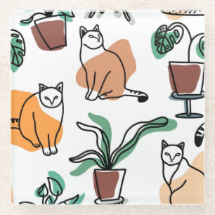 Line Art zeichnend Katzen und Blume Glasuntersetzer