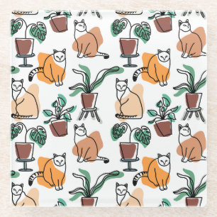 Line Art zeichnend Katzen und Blume Glasuntersetzer