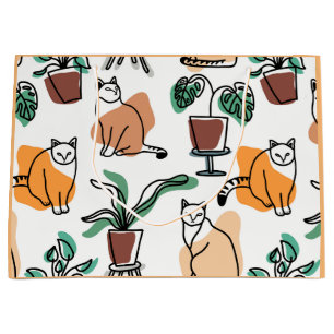 Line Art zeichnend Katzen und Blume Große Geschenktüte