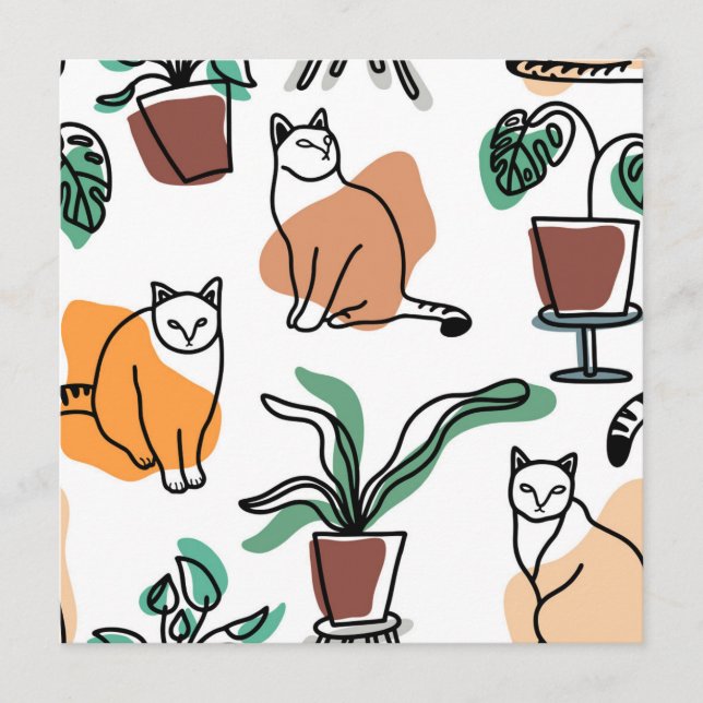 Line Art zeichnend Katzen und Blume Hinweiskarte (Vorderseite)
