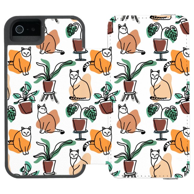 Line Art zeichnend Katzen und Blume Incipio iPhone Geldbeutel-Hülle (Folio Geöffnet)