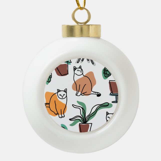 Line Art zeichnend Katzen und Blume Keramik Kugel-Ornament (Vorderseite)