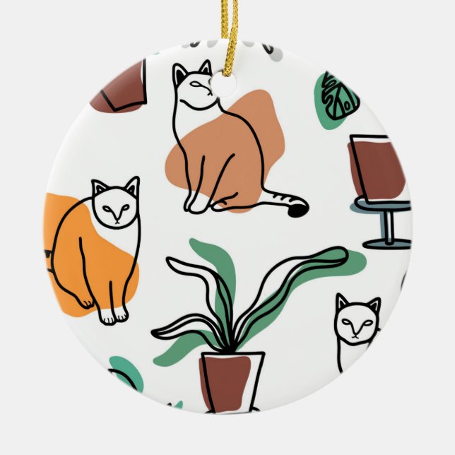 Line Art zeichnend Katzen und Blume Keramik Ornament (Vorne)