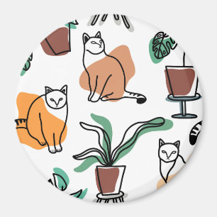 Line Art zeichnend Katzen und Blume Magnet