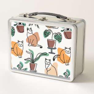 Line Art zeichnend Katzen und Blume Metall Brotdose