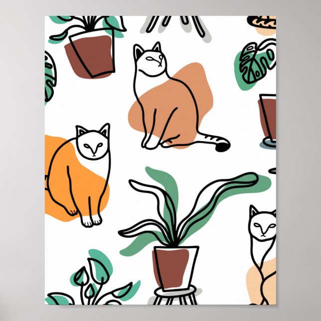Line Art zeichnend Katzen und Blume Poster (Vorne)