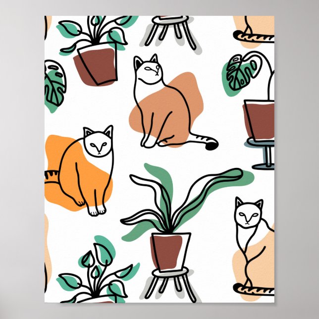 Line Art zeichnend Katzen und Blume Poster (Vorne)