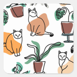 Line Art zeichnend Katzen und Blume Quadratischer Aufkleber