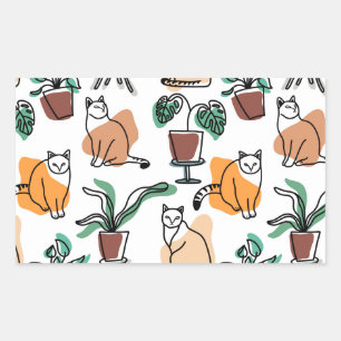 Line Art zeichnend Katzen und Blume Rechteckiger Aufkleber