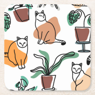 Line Art zeichnend Katzen und Blume Rechteckiger Pappuntersetzer