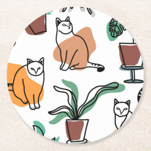 Line Art zeichnend Katzen und Blume Runder Pappuntersetzer