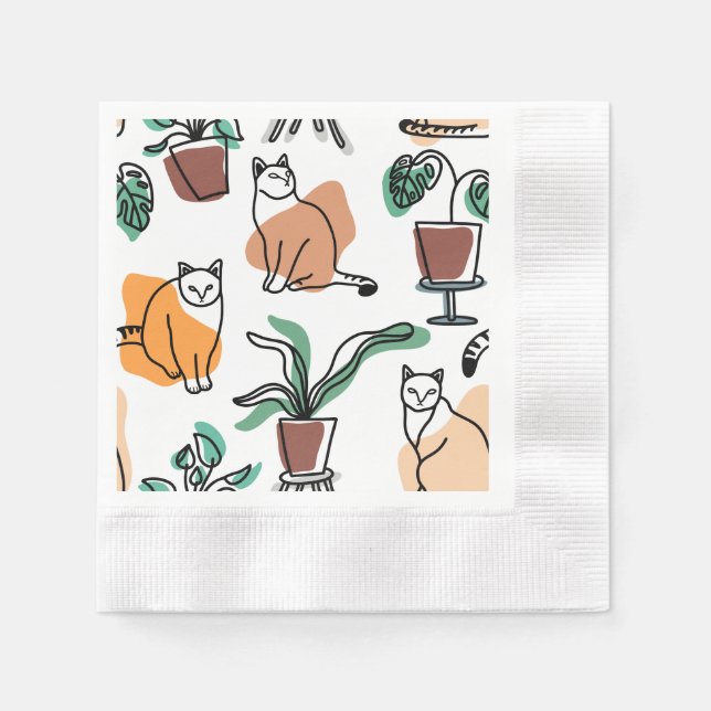Line Art zeichnend Katzen und Blume Serviette (Vorderseite)