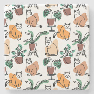 Line Art zeichnend Katzen und Blume Steinuntersetzer