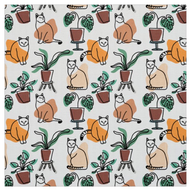 Line Art zeichnend Katzen und Blume Stoff (Muster)