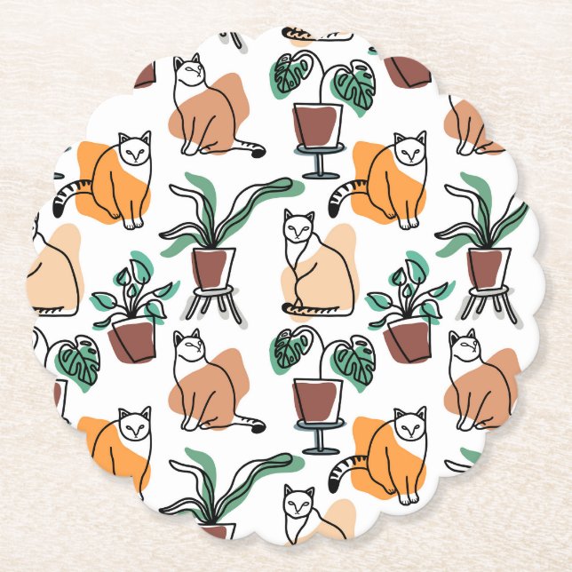 Line Art zeichnend Katzen und Blume Untersetzer (Vorderseite)