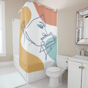 Line Art zeichnend Poster der Frau Kaffee trinken Duschvorhang