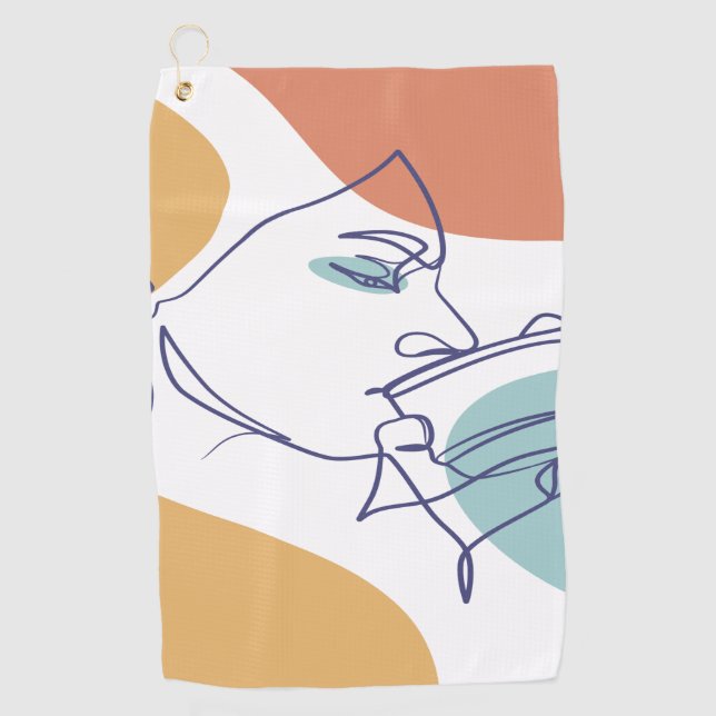 Line Art zeichnend Poster der Frau Kaffee trinken Golfhandtuch (Vorderseite)