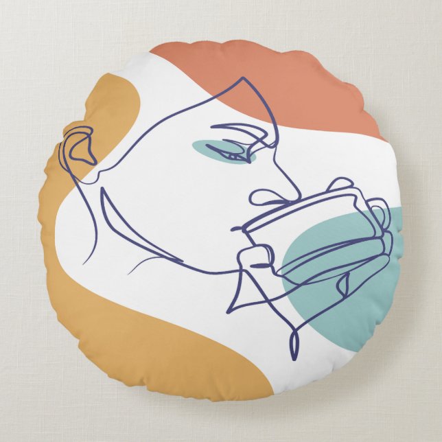 Line Art zeichnend Poster der Frau Kaffee trinken Rundes Kissen (Vorderseite)