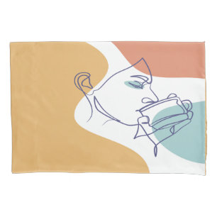 Line-Art-Zeichnung Poster einer Frau, die Kaffee t Kissenbezug