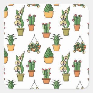 Line Art Zimmerpflanzen: Nahtloses Vintage-Muster Quadratischer Aufkleber