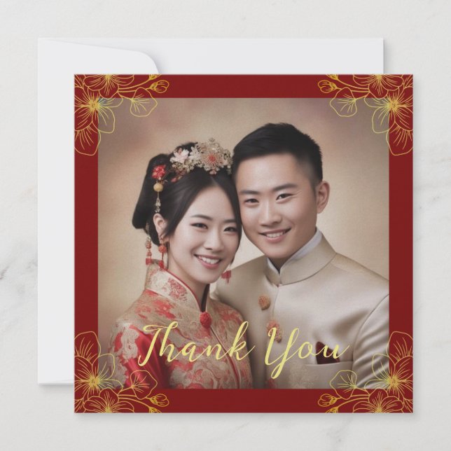 Line Blumenpaar Chinesische Hochzeit Foto rot Dankeskarte (Vorderseite)