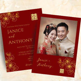Line Blumenpaar Chinesische Hochzeit Foto rot Einladung