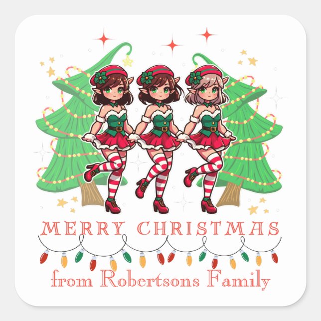 Line Dancing Sassy Elves um Weihnachtsbaum Quadratischer Aufkleber (Vorderseite)