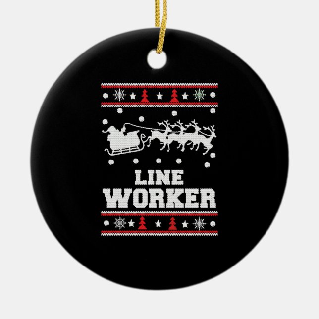 Line Worker - Lineman Ugly Weihnachtspulli Keramik Ornament (Vorne)