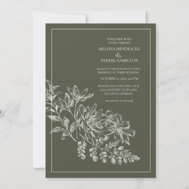 Line Zeichnend Waldgrüne Hochzeit Einladung (Vorderseite)