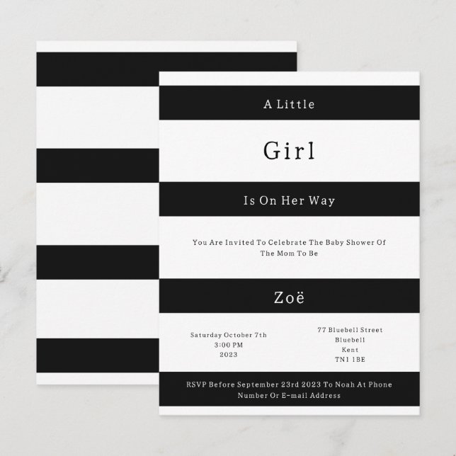 Linear Chic Black And White Stripes Baby Invite Postkarte (Vorne/Hinten)