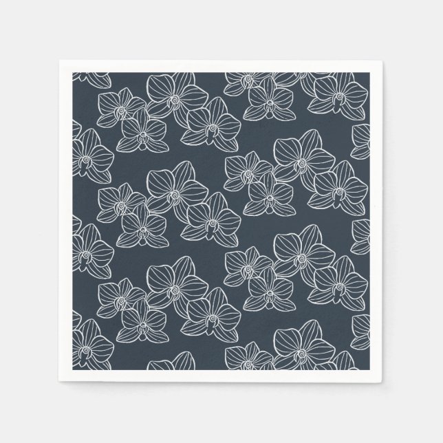Linear Orchid | Chic Botanical Floral Dark Navy Serviette (Vorderseite)