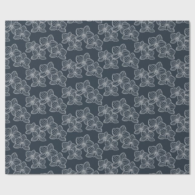 Linear Orchid | Elegant Floral Charcoal Geschenkpapier (Flach)