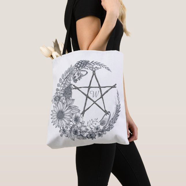 Lineart Flower Moon With Pentagram Monogram Tasche (Von Nahem)