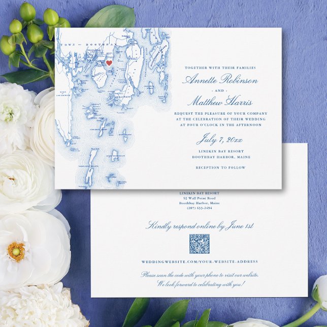 Linekin Bay Resort All-in-One QR Code UAWG Wedding Einladung (Linekin Bay Resort Budget Wedding Invitation with QR Code in elegant navy blue by Coastal Map Design)