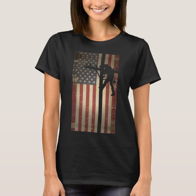Lineman American Flag Electric Cable Lineman T-Shirt (Vorderseite)